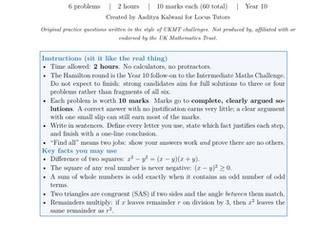 Hamilton Maths Olympiad-Style Paper (Year 10): 6 Problems with Full Written Solutions