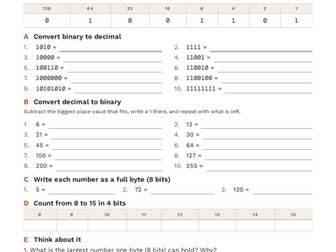 Binary, ASCII and hex worksheets with answers