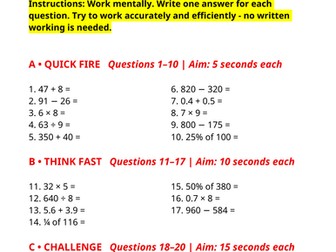 Year 6 Weekly Mental Maths - Mental Arithmetic Worksheet | Week 13
