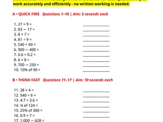 Year 6 Weekly Mental Maths - Mental Arithmetic Worksheet | Week 14