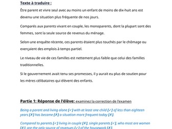 AS French AQA: Translation analysis- Les familles monoparentales