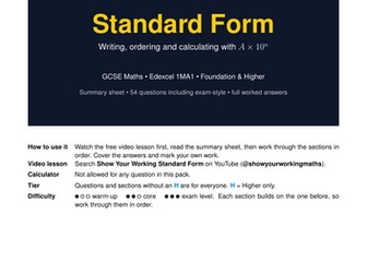 Standard Form GCSE Maths Revision Pack | Edexcel 1MA1 | Full Worked Answers