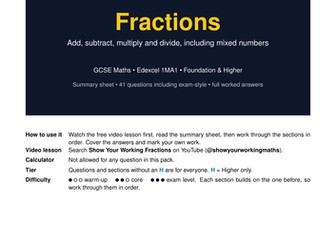 Fractions GCSE Maths Revision Pack | Edexcel 1MA1 | Full Worked Answers