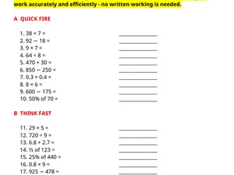 Year 6 Weekly Mental Maths - Mental Arithmetic Worksheet | Week 15