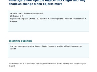 Year 2 Science: How Shadows Form and Change Size | KS1 Light & Shadows Worksheets  25 Printable A4 P