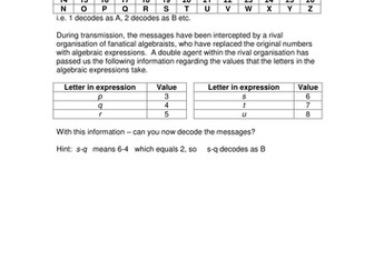 KS3 (Ages 11-14) Algebra - Code Breaking Worksheet