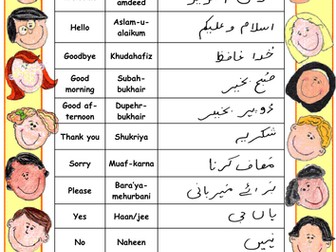 Useful words and phrases in Urdu ideal for Pakistani children or work on Pakistan