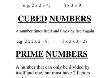 explanations on a display for square, cube and prime numbers