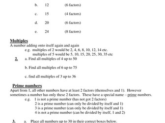 worksheet and revision aid for number work