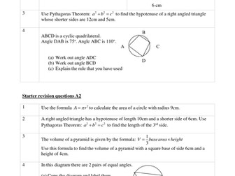 GCSE Revision Worksheets suitable as Starters