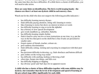 Indications of Dyslexia in Pre School children