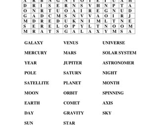 wordsearch for keywords about space and planets