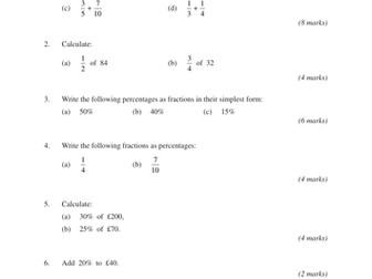 KS3 Fractions and Percentages (Year 8 – Unit 9)