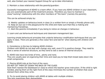 ADHD - Teacher's Reference Page