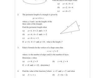 Formulae (MEP – GCSE) worksheet, tests