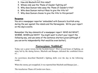 Macbeth: Act 1 Scene 2: Newspaper Task Worksheet