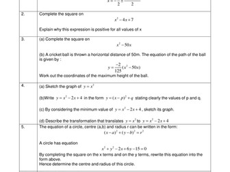 Completing the Square, Extension Questions - GCSE
