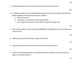 IGCSE C8 Acids and Bases Test and Answers