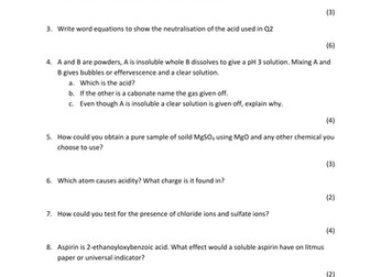 IGCSE C8 Acids and Bases Test and Answers