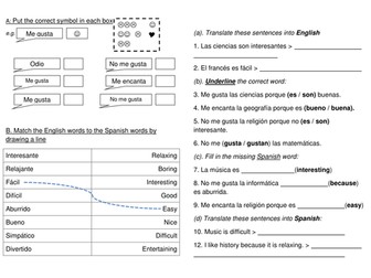 Spanish subject opinions worksheet