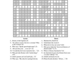 Romeo and Juliet: Printable Crossword Worksheet!