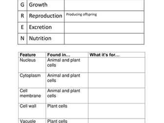 Life processes - MRS GREN and cells worksheet