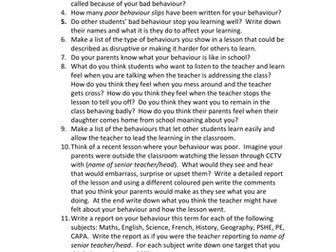 behaviour for learning questionnaire