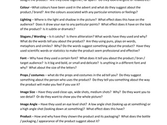 How to analyse a print advert - guide sheet