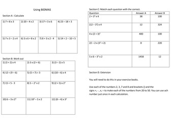 Maths worksheet: Number Operations Using BIDMAS