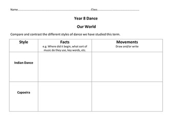 Dance styles comparison worksheet