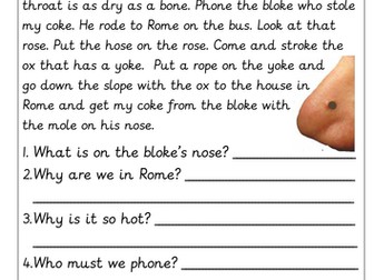 PHONICS OE split digraph STORY AND QUESTIONS.