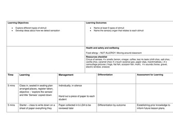 Lesson plan for introduction to control of senses