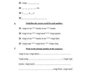 Number worksheets - French