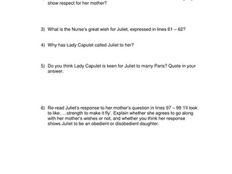 Romeo & Juliet: Act 1 Scene 3: Questions Worksheet