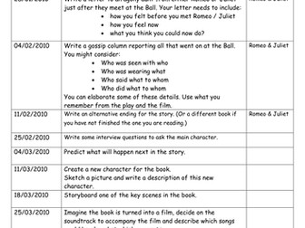 Romeo & Juliet: List of Homework Task Ideas