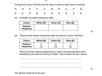 GCSE Maths- Relative Frequency worksheet