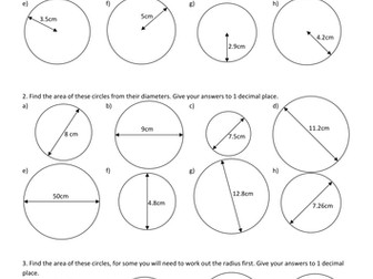 Maths worksheet: Area of a Circle
