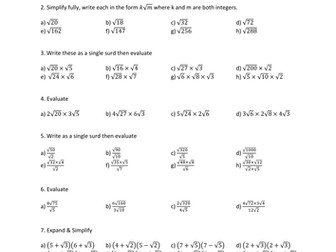 Maths: Surds worksheet