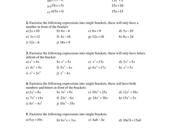 GCSE - Factorising into Single Brackets Worksheet