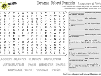 Drama Word Puzzle Activity Sheet with Questions