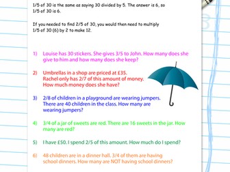 Fractions of amounts: number problems