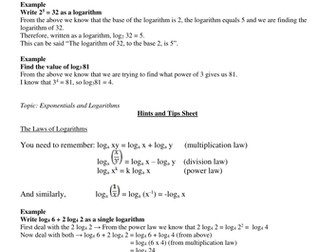 Logarithms Hints and Tips sheet