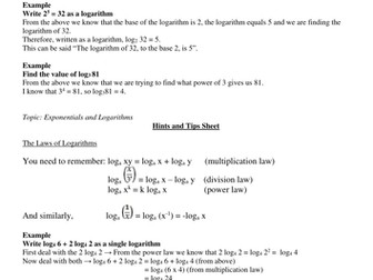 Logarithms Hints and Tips sheet