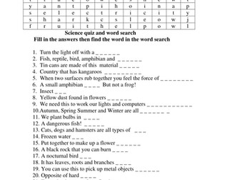 Science quiz and Wordsearch