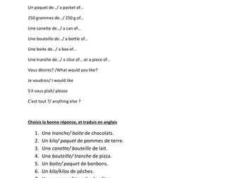 les quantites, vocabulaire and role play