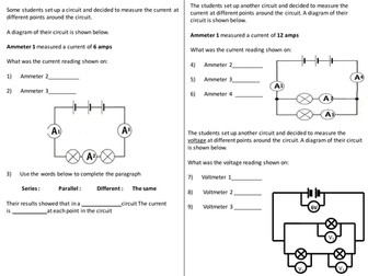Current + Voltage in circuits questions worksheet