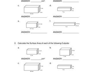 Volume and Surface Area of Cuboids Exercise
