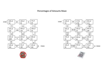 KS3 Percentages of Amounts Maze Worksheet