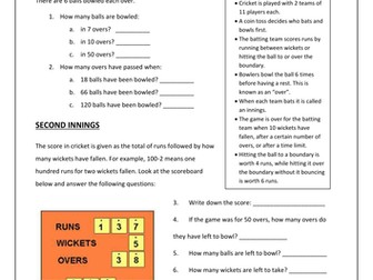 KS3 Cricket Maths Worksheet