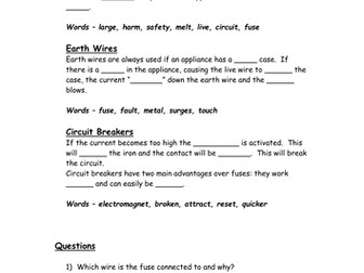 mains electricity and safety worksheet